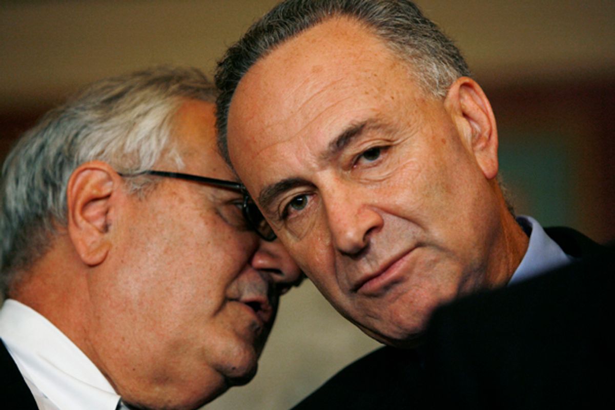 House Financial Services Committee Chairman Barney Frank (D-MA) (L) talks to Senator Chuck Schumer (D-NY) after a meeting to discuss the economic bailout plan in the Capitol in Washington September 25, 2008. U.S. lawmakers neared agreement on a massive Wall Street bailout plan Thursday with more protections for taxpayers, but turmoil in money markets and a worsening in the U.S. economy raised questions over whether the deal could halt the financial crisis.
REUTERS/Kevin Lamarque   (UNITED STATES) (Â© Kevin Lamarque / Reuters)