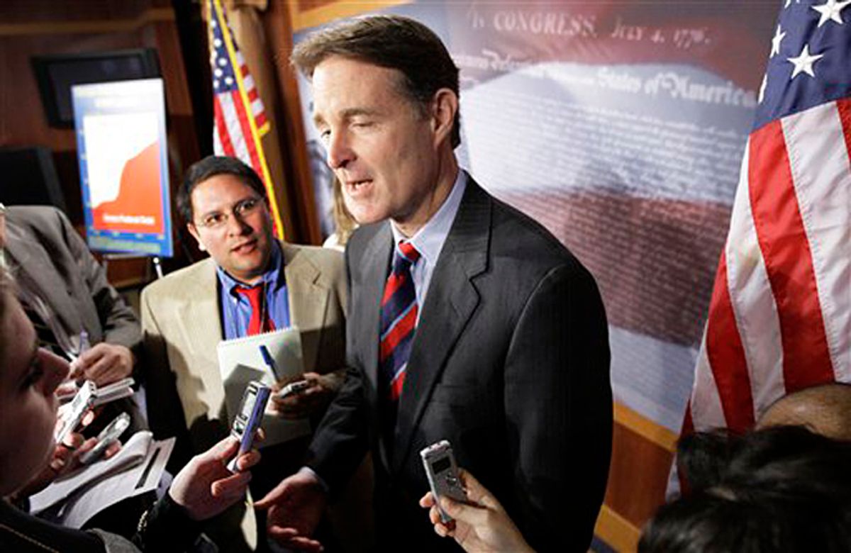 Sen. Evan Bayh, D-Ind., left, answers questions on Capitol Hill in Washington, Tuesday, Jan. 26, 2010, after a news conference to discuss the fiscal freeze act of 2010. (AP Photo/Alex Brandon) (Alex Brandon)