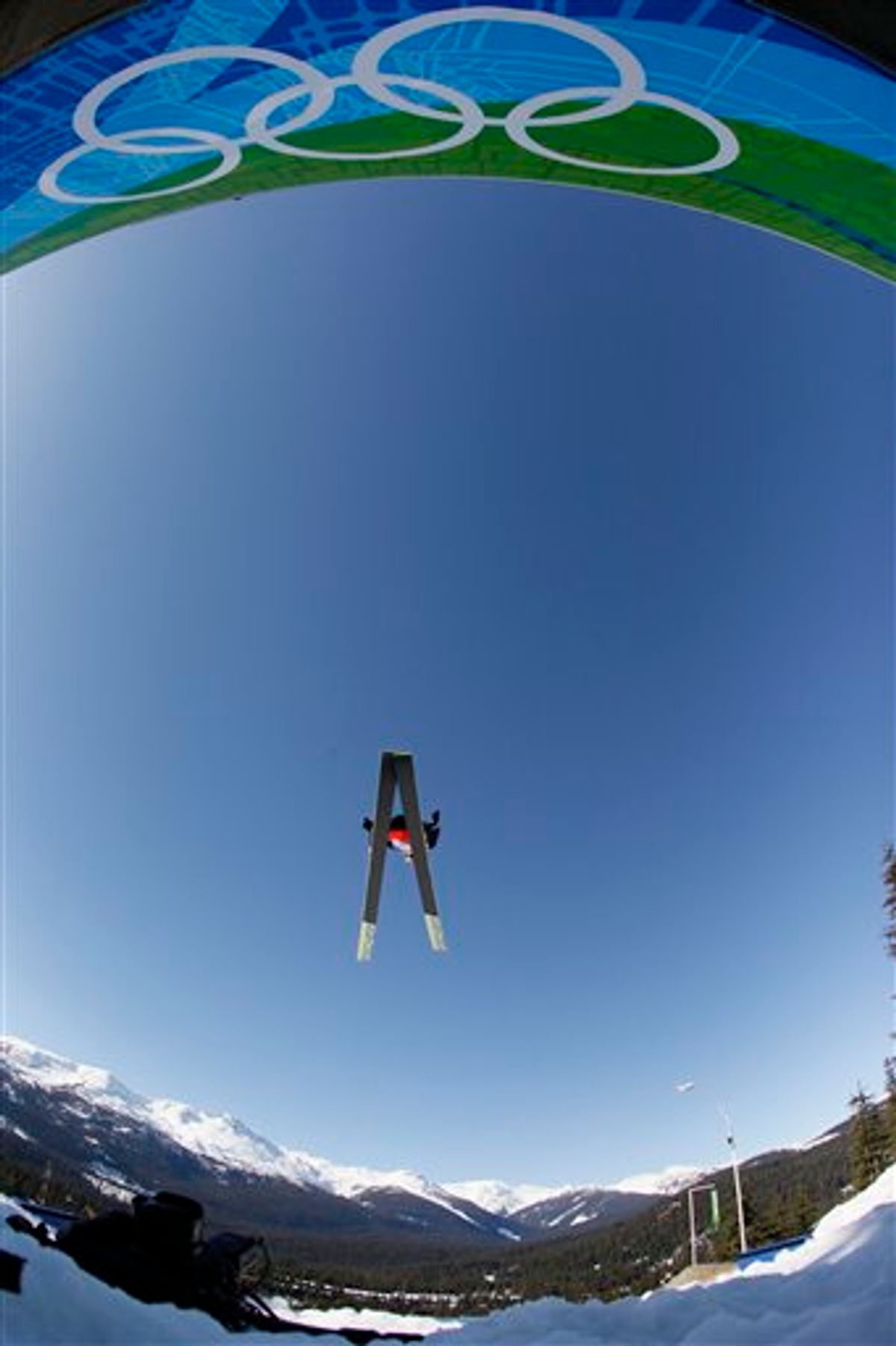 Switzerland's Simon Ammann makes his qualification jump during the Men's large hill ski jumping qualification round  at the Vancouver 2010 Olympics in Whistler, British Columbia, Canada, Friday, Feb. 19, 2010. (AP Photo/Dmitry Lovetsky) (AP)