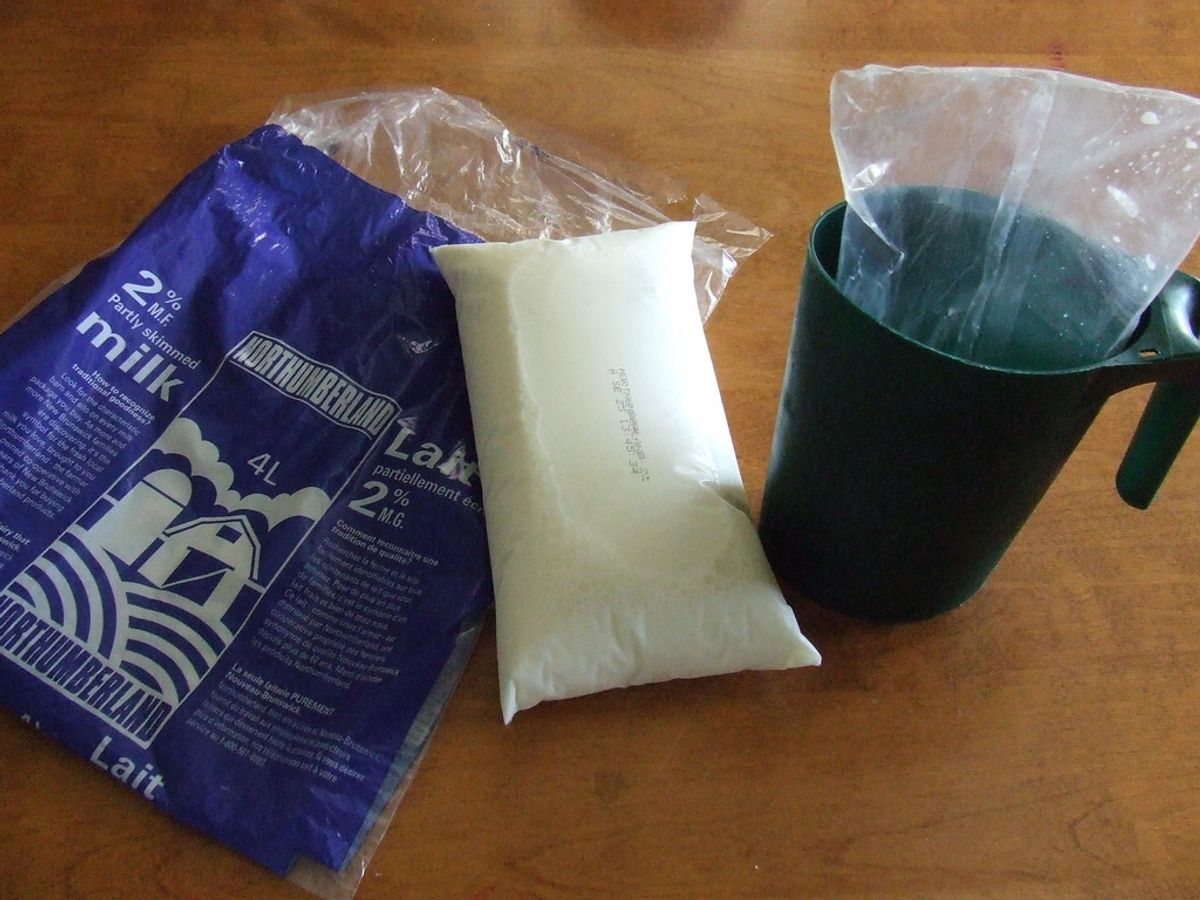 Canadian milk bag, with jug and packaging
