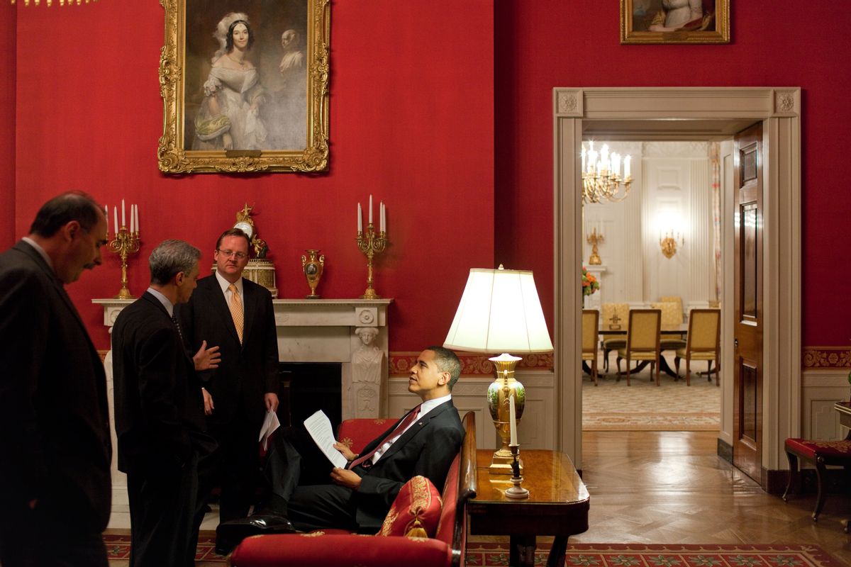 President Barack Obama (R) with Senior Advisor David Axelrod (L), Chief of Staff Rahm Emanuel (2ndL) and Press Secretary Robert Gibbs in the White House Red Room in Washington, in this handout photograph taken March 24, 2009 and later released by the White House. REUTERS/Pete Souza/The White House/Handout  (UNITED STATES POLITICS) FOR EDITORIAL USE ONLY. NOT FOR SALE FOR MARKETING OR ADVERTISING CAMPAIGNS  (Reuters)