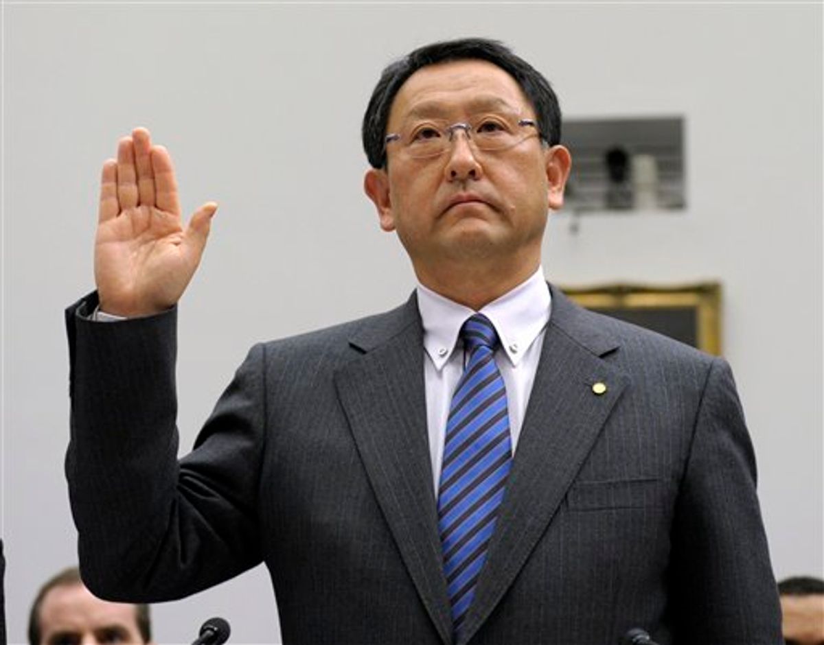 Toyota President and Chief Executive Officer Akio Toyoda is sworn in on Capitol Hill in Washington, Wednesday, Feb. 24, 2010, prior to testifying before the House Oversight and Government Reform Committee hearing on Toyota.   (AP Photo/Susan Walsh) (AP)
