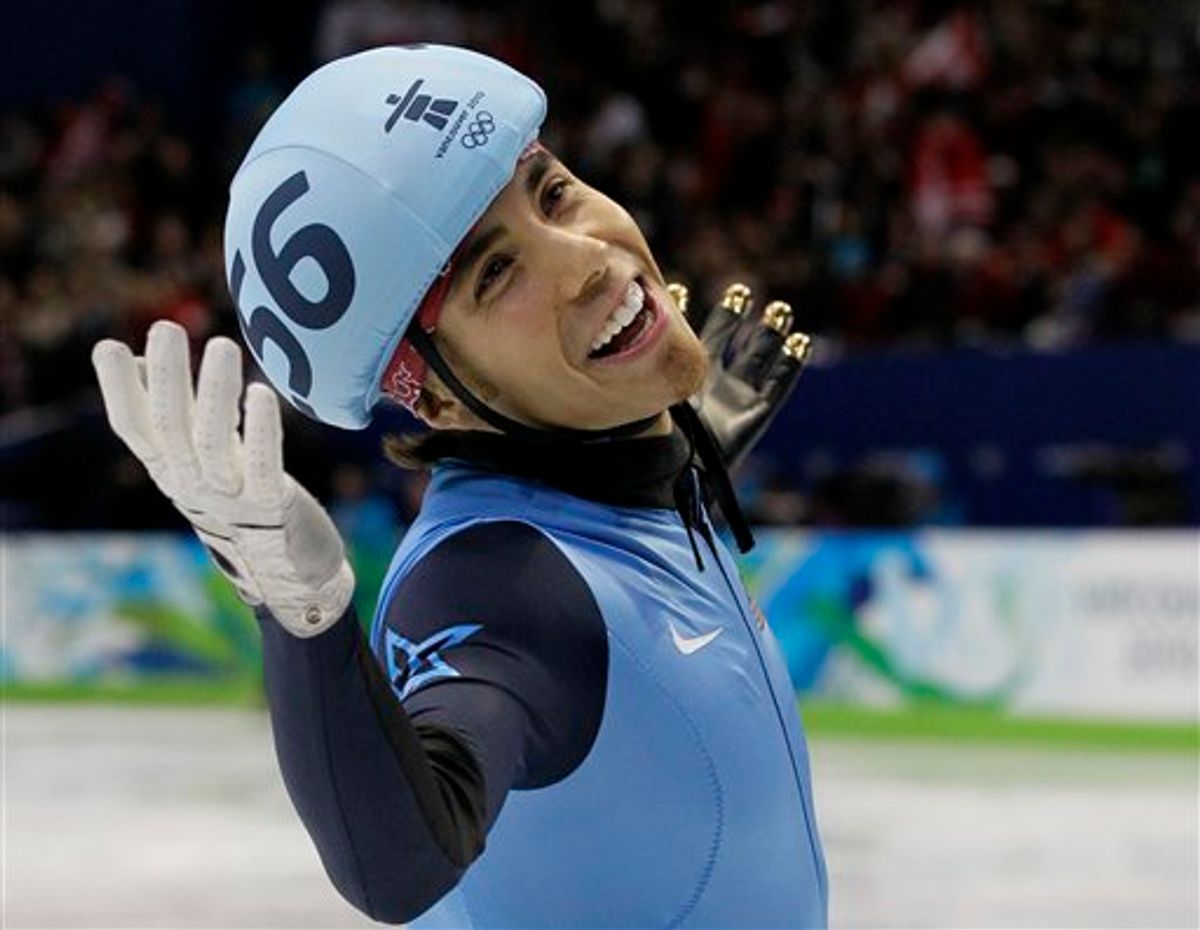 USA's Apolo Anton Ohno reacts after being disqualified from the men's 500m finals short track skating competition at the Vancouver 2010 Olympics in Vancouver, British Columbia, Friday, Feb. 26, 2010. (AP Photo/Amy Sancetta) (AP)