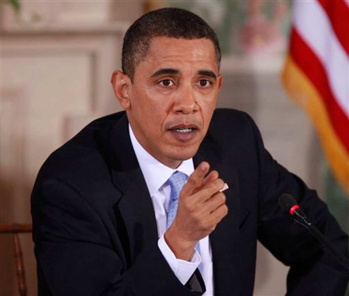 President Barack Obama gestures at the Blair House in Washington, Thursday, Feb. 25, 2010, as he renewed his efforts for health care reform while meeting with Republican and Democratic Congressional leaders. (AP Photo/Pablo Martinez Monsivais) (AP)