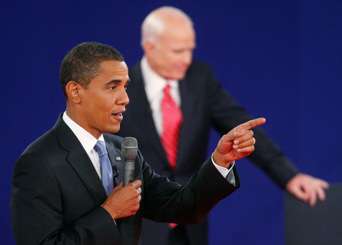 Democratic presidential nominee Senator Barack Obama (D-IL) speaks while Republican presidential nominee Senator John McCain (R-AZ) listens during the presidential debate at Belmont University in Nashville, Tennessee October 7, 2008.  REUTERS/Jim Young    (UNITED STATES) US PRESIDENTIAL ELECTION CAMPAIGN 2008 (USA)   (Reuters)