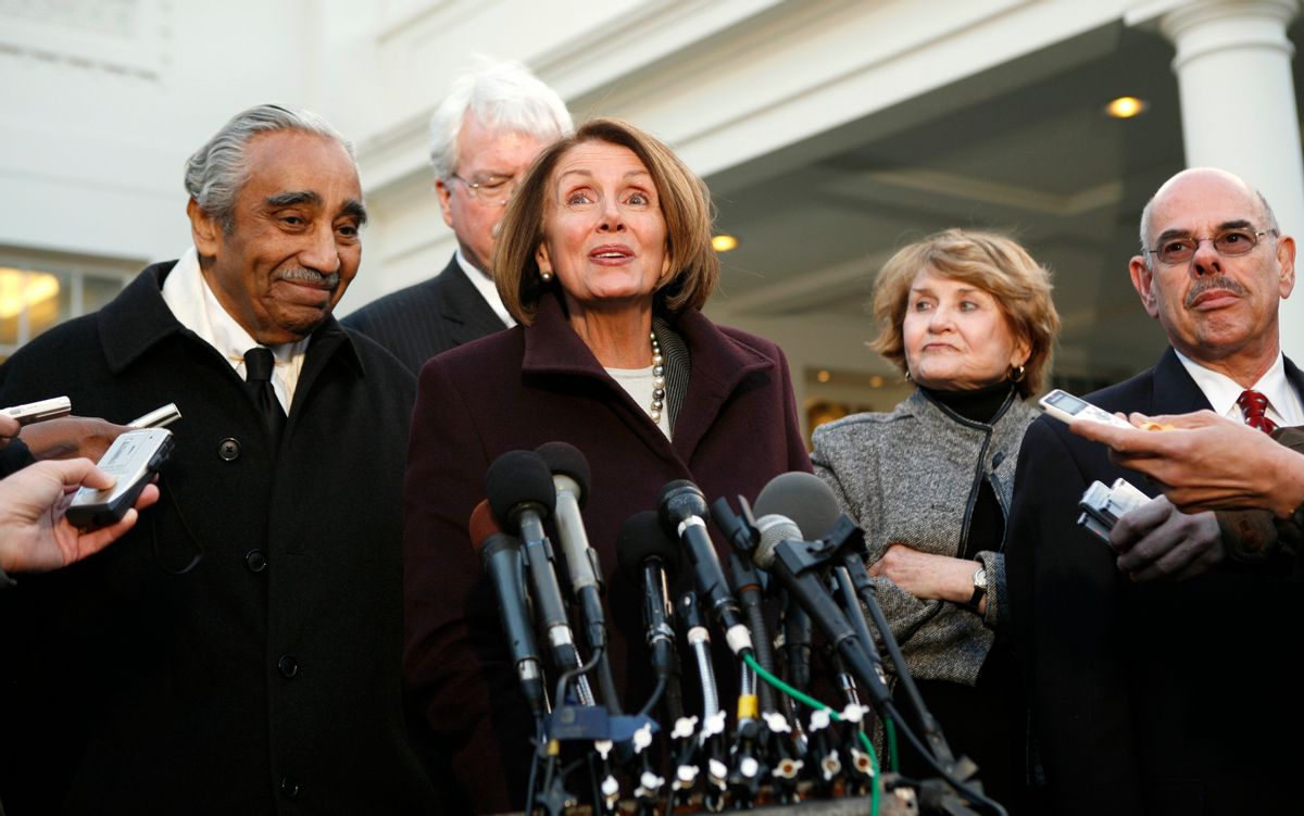 Speaker of the House Nancy Pelosi talks to reporters about healthcare after a meeting with U.S. President Barack Obama and House committee chairs at the White House in Washington January 6, 2010. From left are Charlie Rangel, Ways and Means chairman, Pelosi, Louise Slaughter, Rules Committee chairman and Henry Waxman, Energy and Commerce chairman.
REUTERS/Kevin Lamarque    (UNITED STATES - Tags: POLITICS) (Reuters)