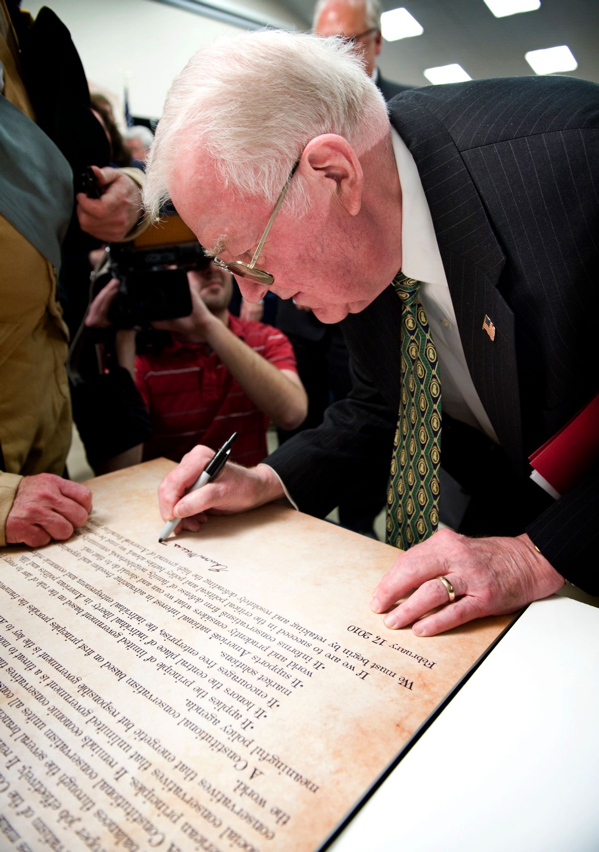Former U.S. Attorney General Edwin Meese III, chairman of the Conservative Action Project,  signs the Mount Vernon Statement during a ceremony at Collingwood Library and Museum in Alexandria, Va., Wednesday, Feb. 17, 2010. The document defines the principles, values and beliefs of the conservative movement. (AP Photo/Cliff Owen) (Associated Press)