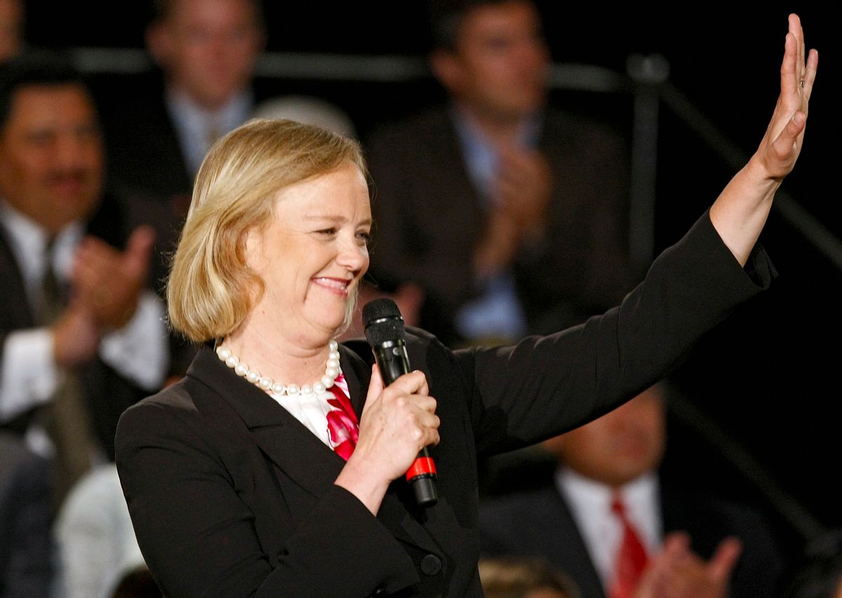 Former eBay chief executive Meg Whitman, Republican gubernatorial hopeful, left, smiles during a town hall meeting Friday May 29, 2009 at The Marconi Automotive Museum in Tustin, Calif. (AP Photo/Damian Dovarganes)  (Damian Dovarganes)