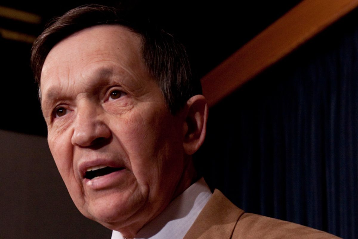 Rep. Dennis Kucinich, D-Ohio, speaks during a news conference in Washington on Wednesday, where he announced he will support President Obama's health care overhaul bill. 