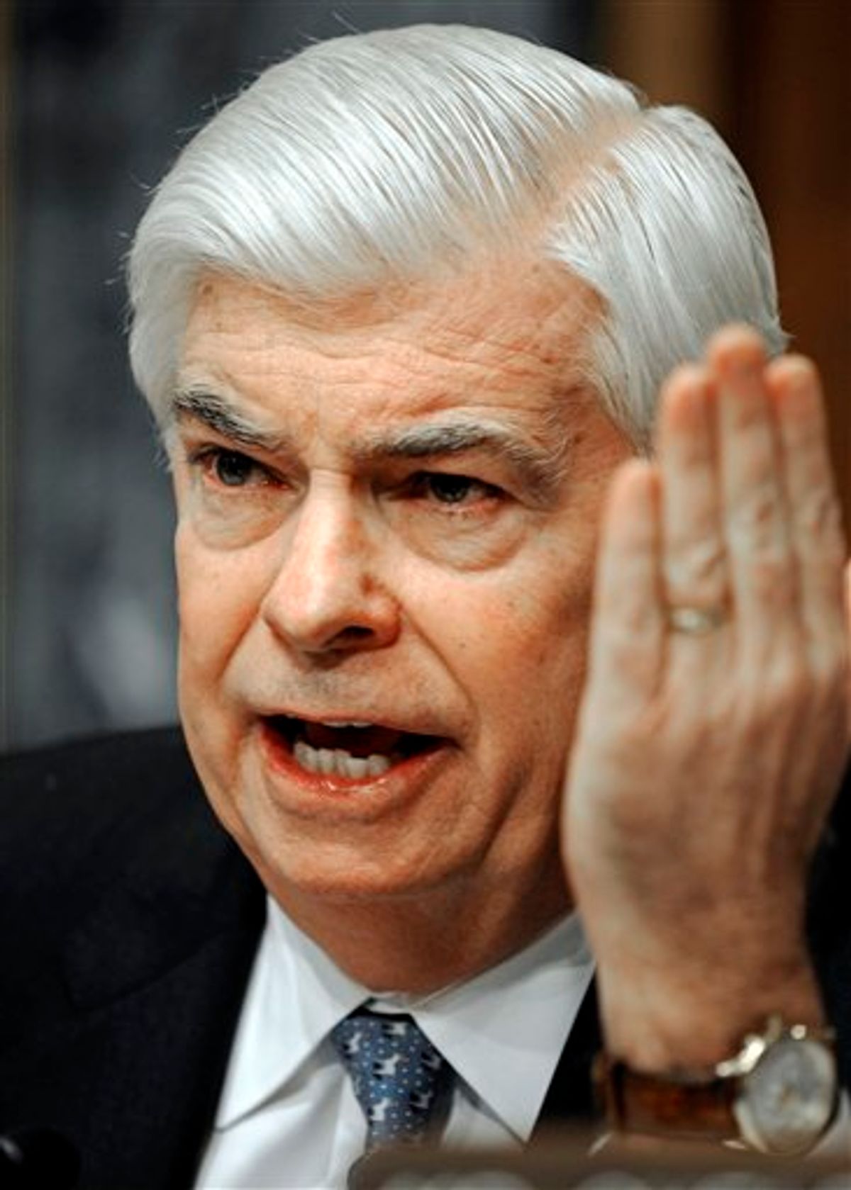 Senate Banking Committee Chairman Christopher Dodd, D-Conn. presides over the committee's hearing to examine implications of President Obama's proposal to rein in big Wall Street banks, Thursday, Feb. 4, 2010, on Capitol Hill in Washington.  (AP Photo/Cliff Owen) (AP)