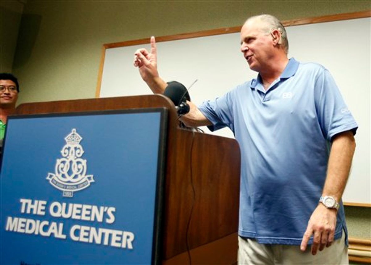 Conservative talk show host Rush Limbaugh speaks during a news conference at The Queen's Medical Center in Honolulu, Friday, Jan. 1, 2010. Limbaugh was taken to the hospital after experiencing chest pains similar to a heart attack Wednesday during a vacation. (AP Photo/Chris Carlson) (Associated Press)