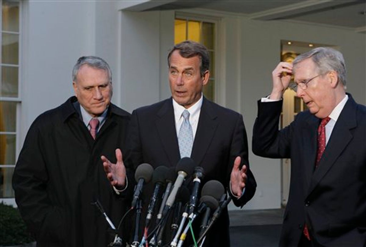 House Minority Leader John Boehner of Ohio, center, accompanied by Senate Minority Leader Mitch McConnell of Ky., right, and Senate Minority Whip Jon Kyl of Ariz., speaks with reporters outside the White House in Washington, Thursday, Feb. 25, 2010, following a day of meetings with President Barack Obama at Blair House on health care reform. (AP Photo/J. Scott Applewhite)   (AP)