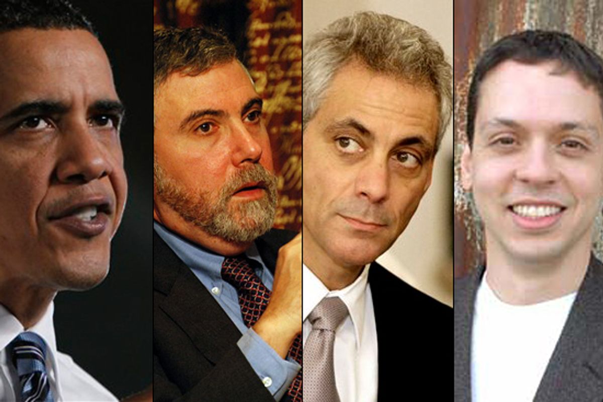 President Barack Obama, Paul Krugman, White House Chief of Staff Rahm Emanuel, and Markos Moulitsas Zuniga