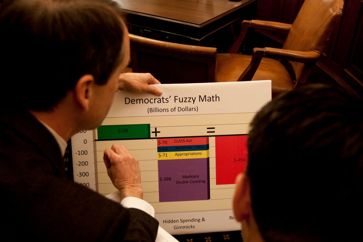 Republican Staffers with a chart as the House Rules committee met to discuss the health care legislation on Capitol Hill in Washington, Saturday, March 20, 2010.(AP Photo/Harry Hamburg) (Associated Press)