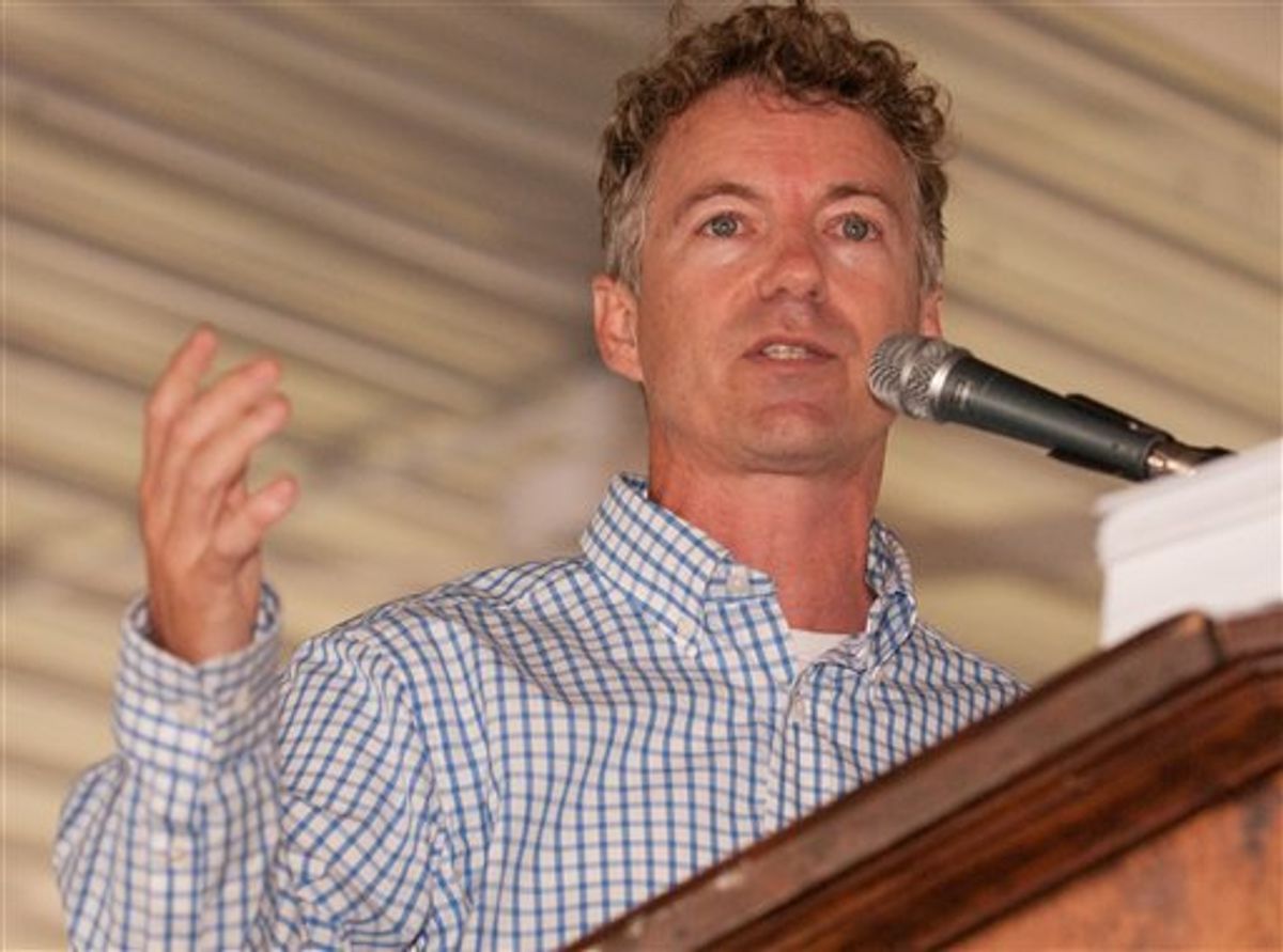 Republican Rand Paul speaks at the 129th annual Fancy Farm Picnic Saturday, Aug. 1, 2009 in Fancy Farm, KY. Paul, the son of 2008 presidential candidate Ron Paul, ended months of speculation Wednesday, Aug. 5, 2009 by saying he will run for the U.S. Senate seat being vacated next year by fellow Republican Jim Bunning. (AP Photo/ Daniel R. Patmore) (Associated Press)