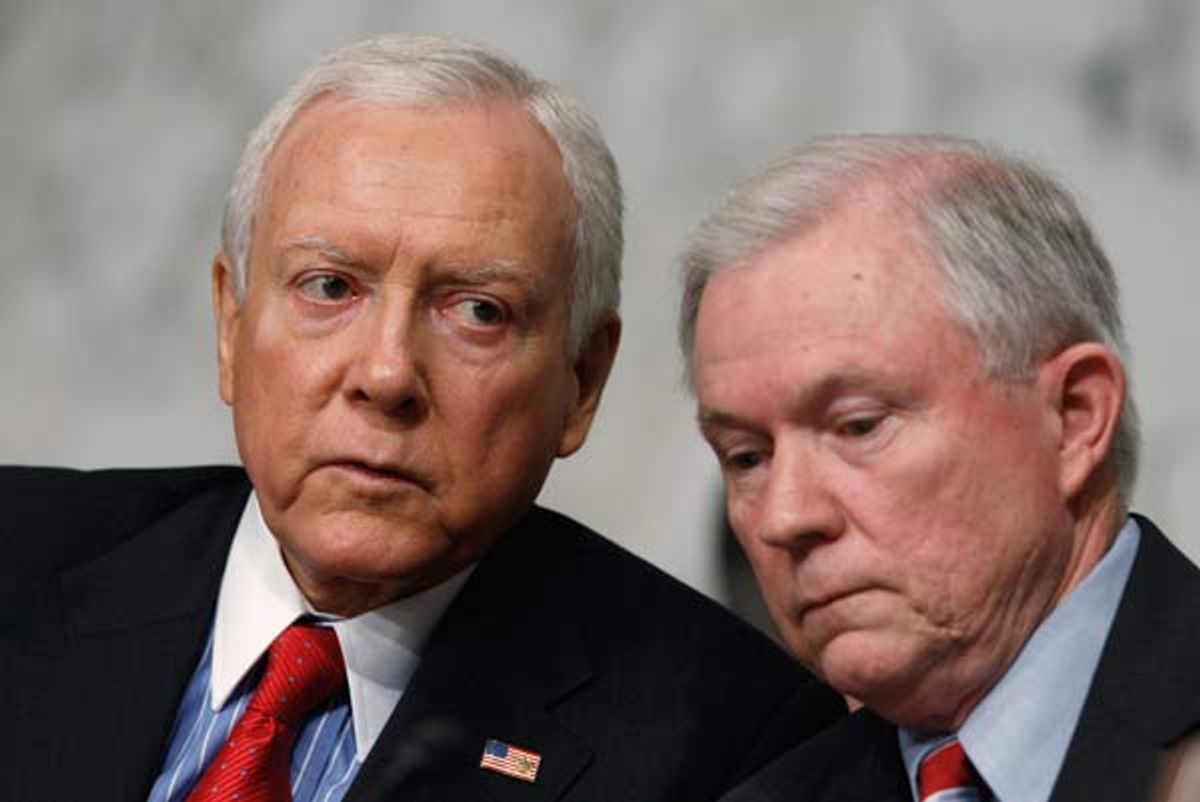 U.S. Senate Judiciary Committee ranking Republican Senator Jeff Sessions (R) (R-AL) and Senator Orrin Hatch (R-UT) listen to the testimony of Supreme Court nominee Judge Sonia Sotomayor at committee confirmation hearings on Capitol Hill in Washington July 14, 2009.     