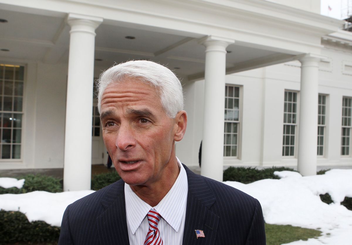 Florida Governor Charlie Crist speaks to the press after a meeting with U.S. President Barack Obama during a National Governors Association meeting at the White House in Washington, February 22, 2010.      REUTERS/Larry Downing  (UNITED STATES - Tags: POLITICS) (Reuters)