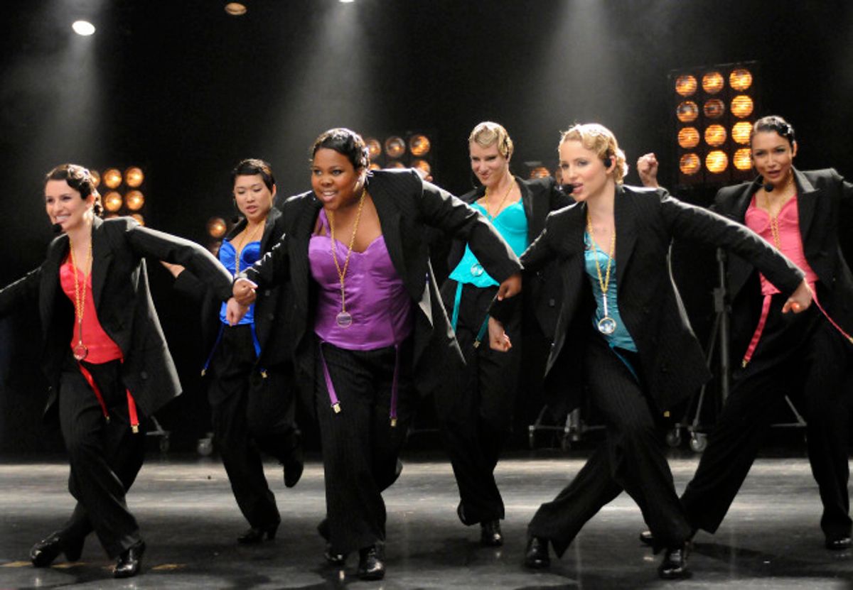 GLEE: The girls of New Directions perform in &quot;The Power of Madonna&quot; episode of GLEE airing Tuesday, April 20 (8:59 PM-10:01 PM ET/PT) on FOX. Pictured L-R: Lea Michele, Jenna Ushkowitz, Amber Riley, Heather Morris, Dianna Agron and Naya Rivera. &#xa9;2010 Fox Broadcasting Co. Cr: Michael Yarish/FOX