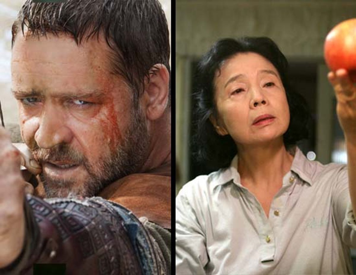 Film stills of Russell Crowe in "Robin Hood" and  Yoon Hee-Jeong in "Poetry"