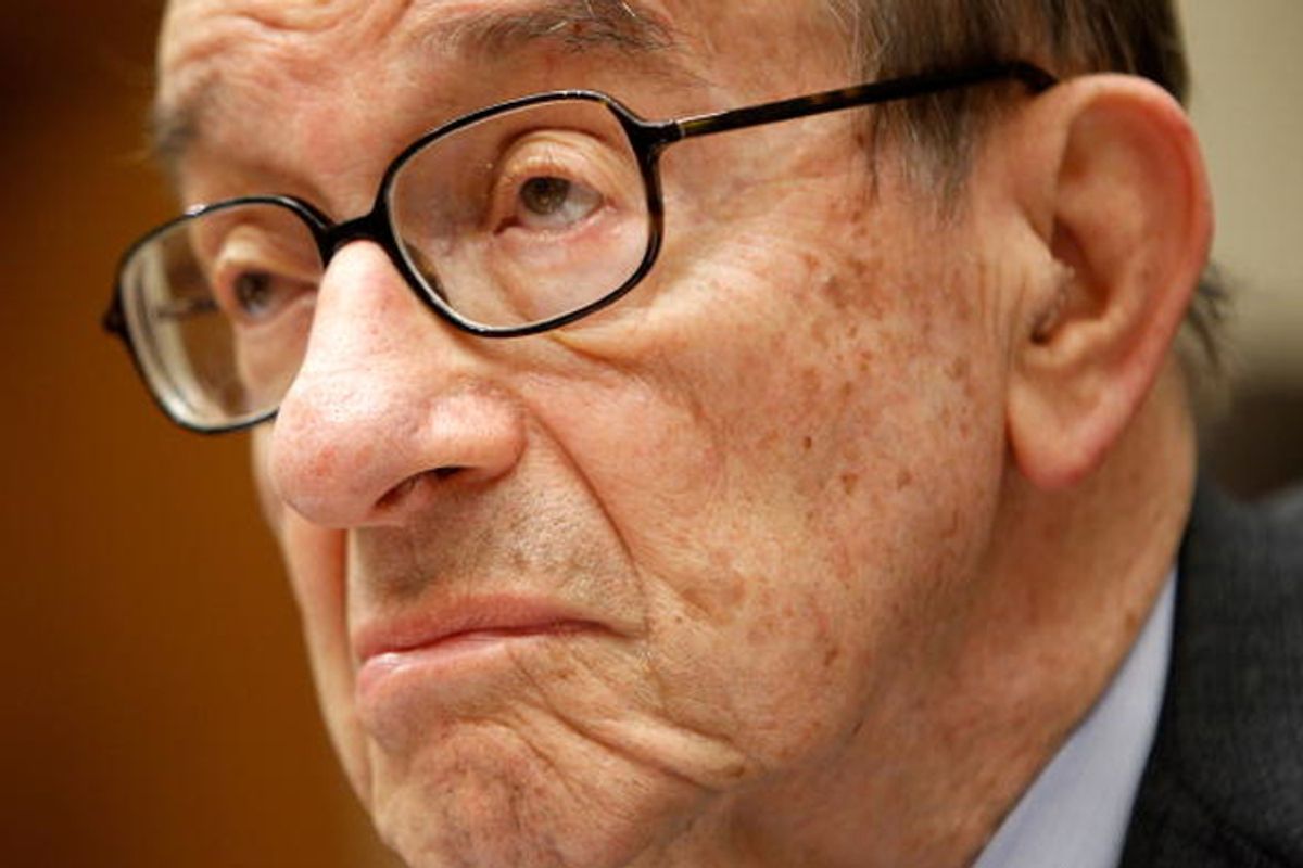 Former Federal Reserve Board Chairman Alan Greenspan testifies during a hearing before the Financial Crisis Inquiry Commission on Wednesday. 