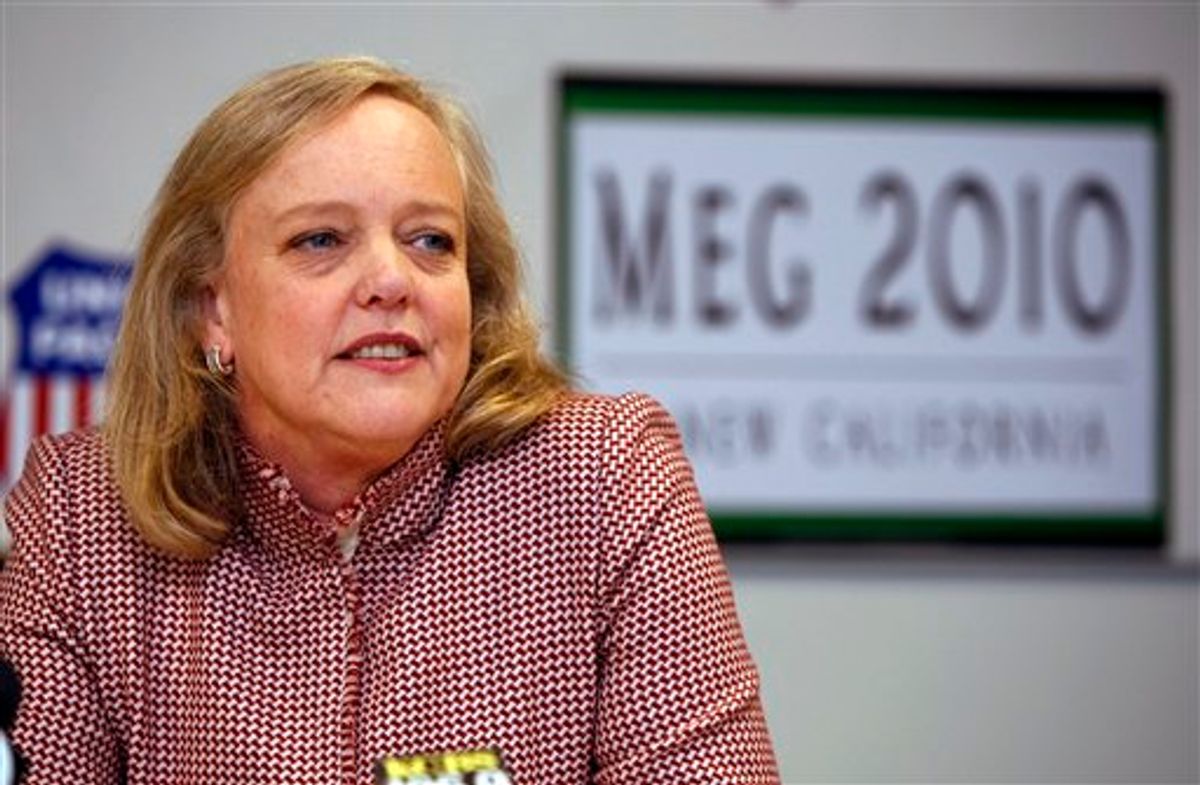 Meg Whitman, who is running for governor of California, attends a meeting at the Union Pacific railroad offices in Oakland, Calif., Tuesday, March 9, 2010. (AP Photo/Paul Sakuma) (AP)
