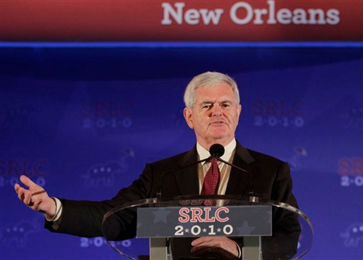 Former Speaker of the House Newt Gingrich addresses the Southern Republican Leadership Conference in New Orleans, Thursday, April 8, 2010. This is the opening session of the four day conference.   (AP Photo/Bill Haber) (AP)