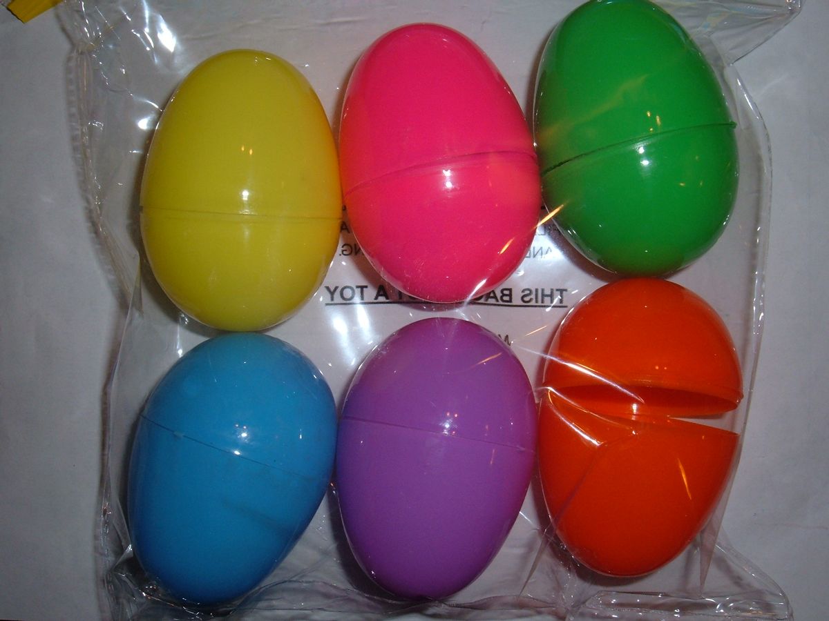 A six-pack of plastic Easter eggs.