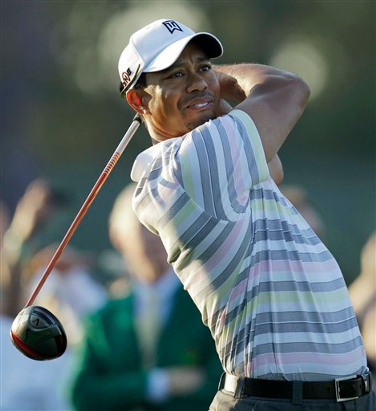 Tiger Woods tees off at the first hole during a practice round for the Masters golf tournament in Augusta, Ga., Monday, April 5, 2010. The tournament begins Thursday, April, 8. (AP Photo/Chris O'Meara) (AP)