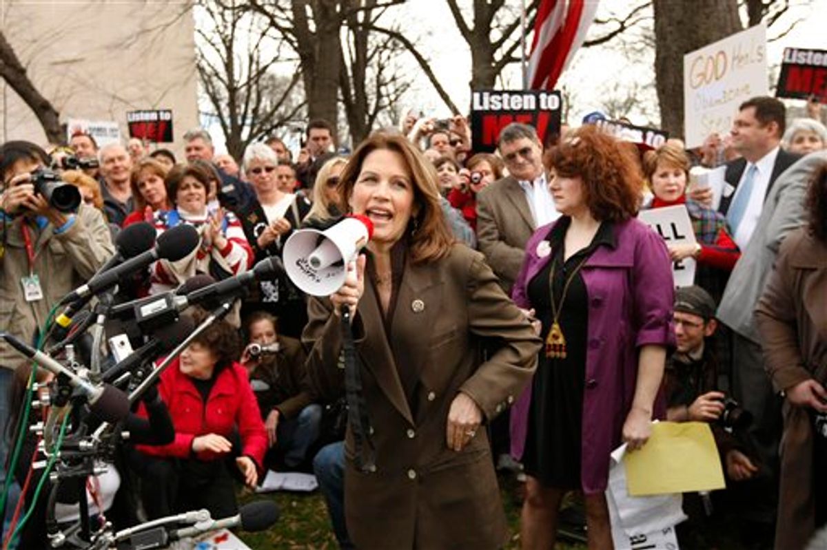 Rep. Michele Bachmann, R-Minn., speaks at a health care rally by The American Grassroots Coalition and The Tea Party Express, Tuesday, March 16, 2010, on Capitol Hill in Washington. (AP Photo/Gerald Herbert) (AP)