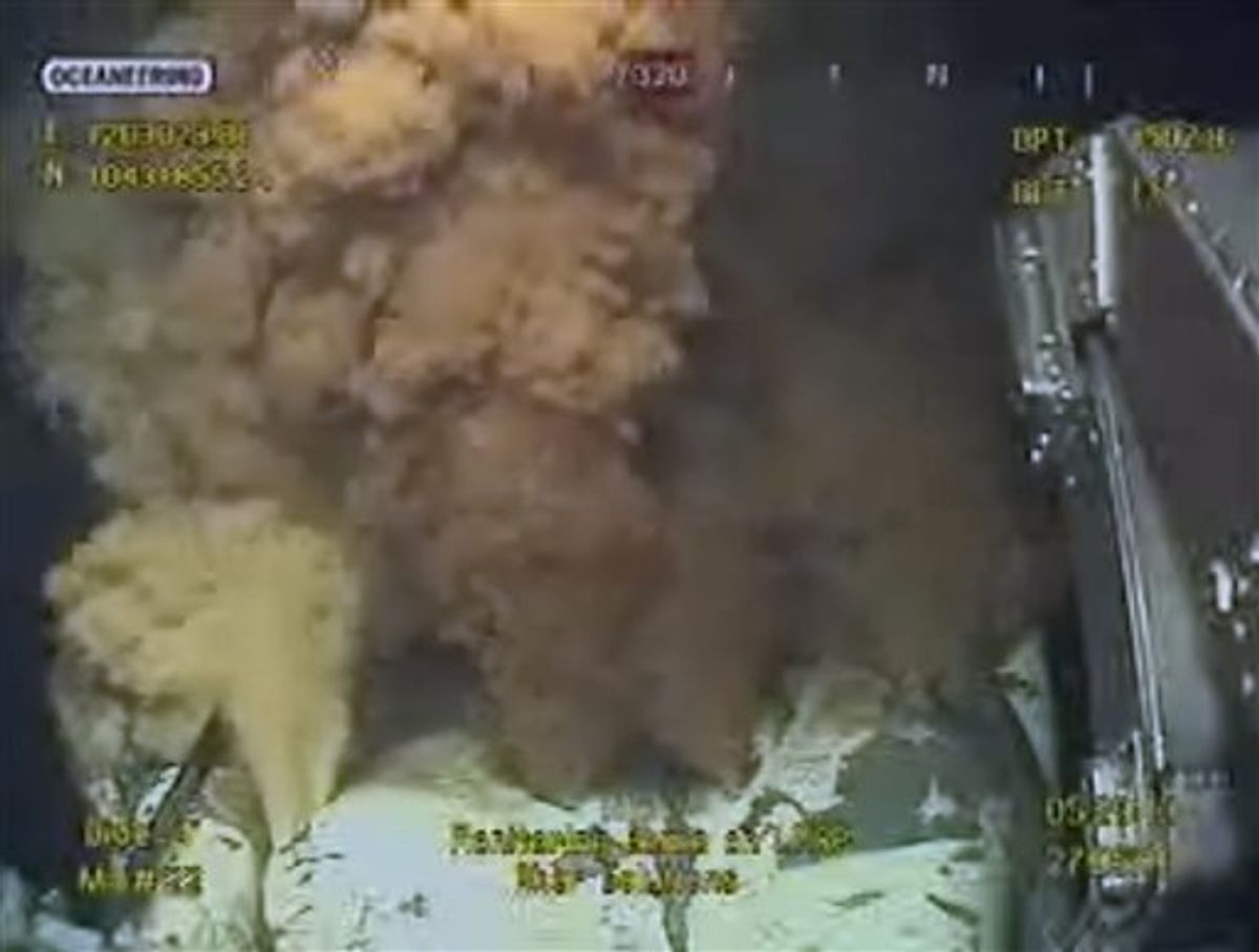 This early Thursday morning, May 27, 2010 image made from video released by British Petroleum (BP PLC) shows equipment being used to try and plug a gushing oil well in the Gulf of Mexico. BP started pumping heavy mud into the leaking Gulf of Mexico well Wednesday and said everything was going as planned in the company's boldest attempt yet to plug the gusher that has spewed millions of gallons of oil over the last five weeks. (AP Photo/BP PLC) NO SALES (AP)