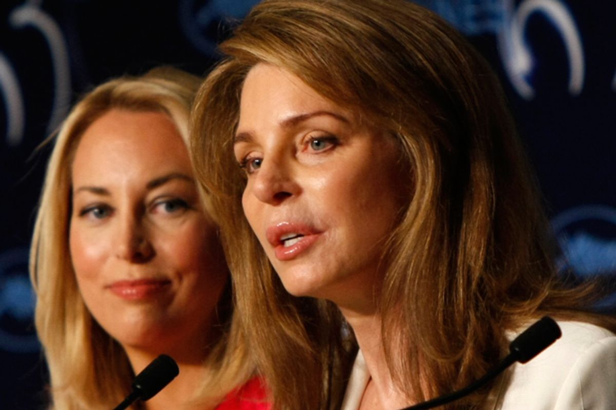 Queen Noor of Jordan speaks during a press conference in Cannes for the film "Countdown To Zero", as former CIA agent Valerie Plame Wilson looks on. 