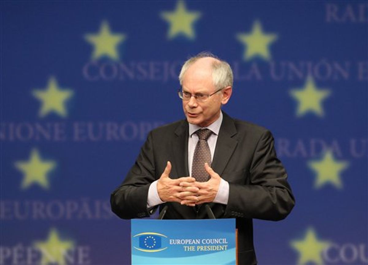 European Council President Herman Van Rompuy addresses the media at the European Council building in Brussels, Friday, May 21, 2010. European Union finance ministers on Friday started laying out new, tougher rules for their public finances in the hopes of winning back market confidence and preventing a repeat of the debt crisis that is threatening the euro. (AP Photo/Yves Logghe) (AP)