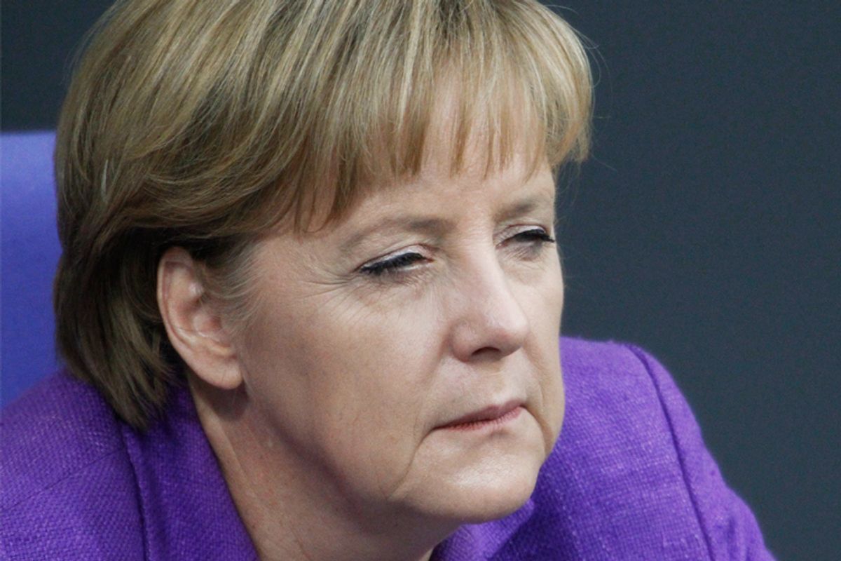 German Chancellor Angela Merkel attends a debate on Germany's handling of the European debt crisis in Berlin May 19. 