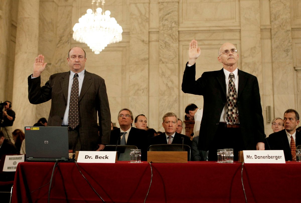 Dr. F.E. Beck, left, Associate Professor Texas A&amp;M University, and Elmer Danenberger, right, Former Chief Offshore Regulatory Program Minerals Management Services are sworn-in befre they testify at the Senate Committee on Energy and Natural Resources, on Capitol Hill  in Washington Tuesday, May 11, 2010. (AP Photo/Pablo Martinez Monsivais) (Associated Press)