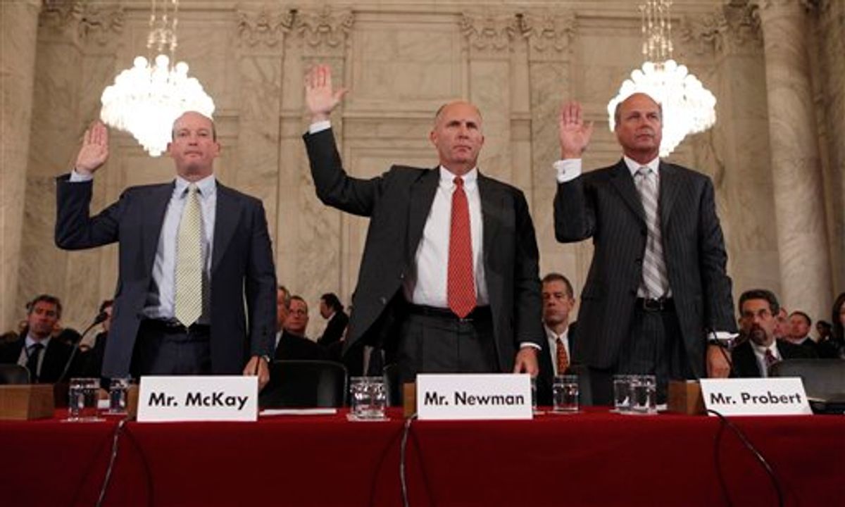 From left to right, Lamar McKay, President and Chairman of BP American, Steven Newman, President and Chief Executive Officer Transocean Limited and Tim Probert, President, Global Business Lines and Chief Health, Safety and Enviromental Officer Halliburton, testify before the Senate Committee on Energy and Natural Resources, on Capitol Hill  in Washington Tuesday, May 11, 2010. (AP Photo/Pablo Martinez Monsivais)     (Associated Press)