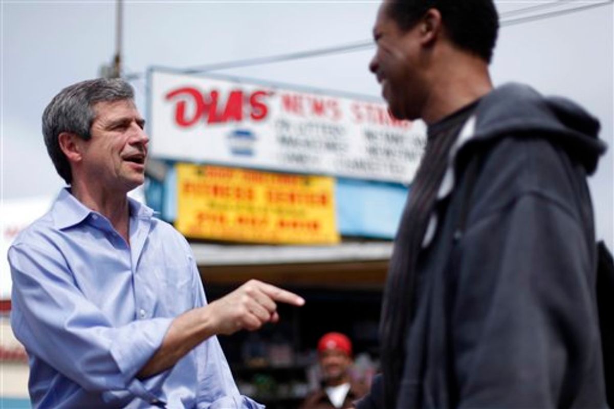 Rep. Joe Sestak, D-Pa., a candidate in the Senate Democratic primary race, is seen during a campaign stop near the Olney Transportation Center in Philadelphia, Friday, May 14, 2010. Sestak is in a close race in Tuesday's Democratic primary with Sen. Arlen Specter. (AP Photo/Matt Rourke) (AP)
