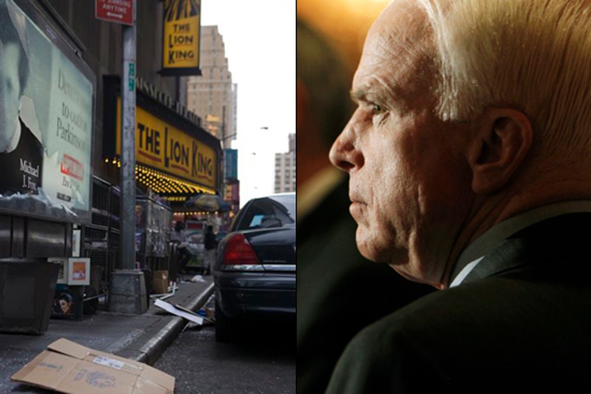 Broken glass litters the spot where authorities found a bomb that apparently began to detonate, but did not explode, in a smoking sport utility vehicle outside the Minskoff Theatre in New York, Sunday, May 2, 2010. Right: Sen. John McCain         
