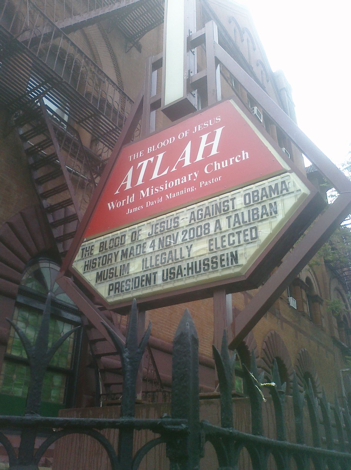 Outside the ATLAH World Missionary Church in Harlem, where Rev. James David Manning is putting President Obama "on trial" today.