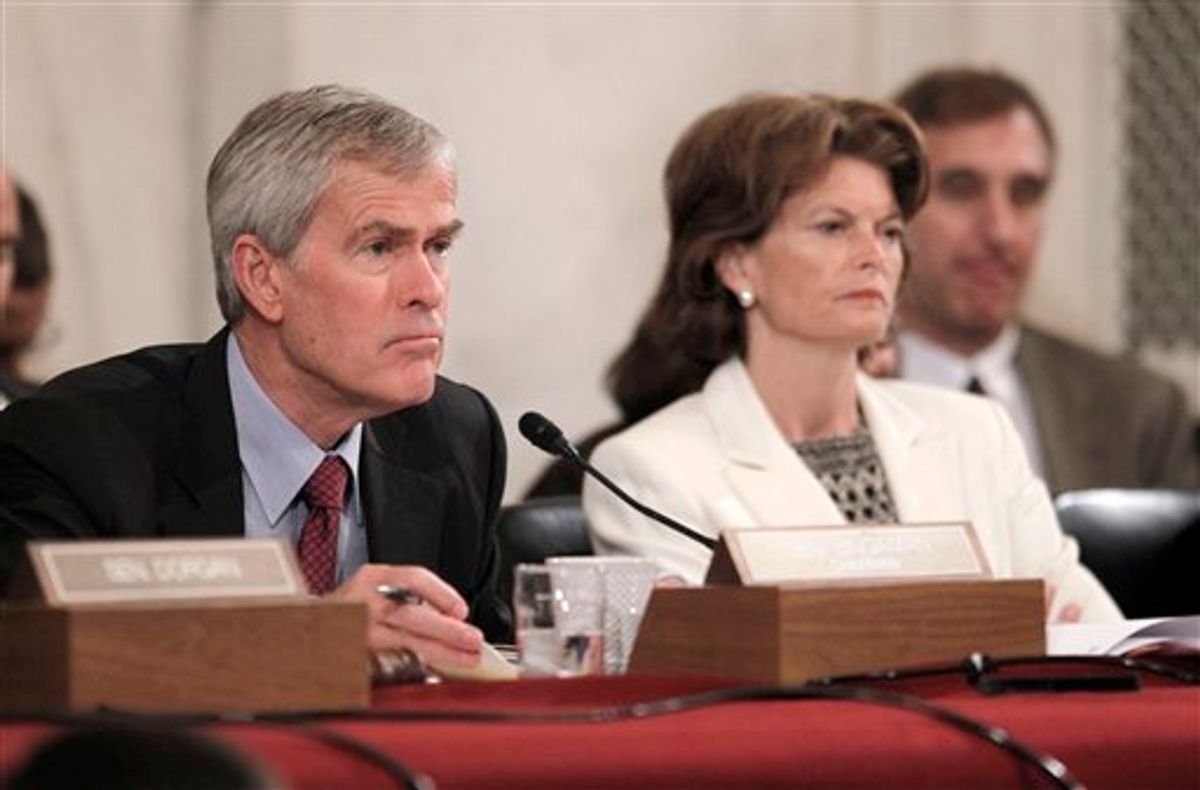 Senate Energy and natural Resources Committee Chairman Sen. Jeff Bingham, D-N.M., left, and the committee's ranking Republican Sen. Lisa Murkowski, R-Alaska, listen on Capitol Hill in Washington, Tuesday, May 25, 2010, during the committee's hearing on potential increases to the strict liability limit under the Oil Pollution Act. (AP Photo/Pablo Martinez Monsivais) (AP)