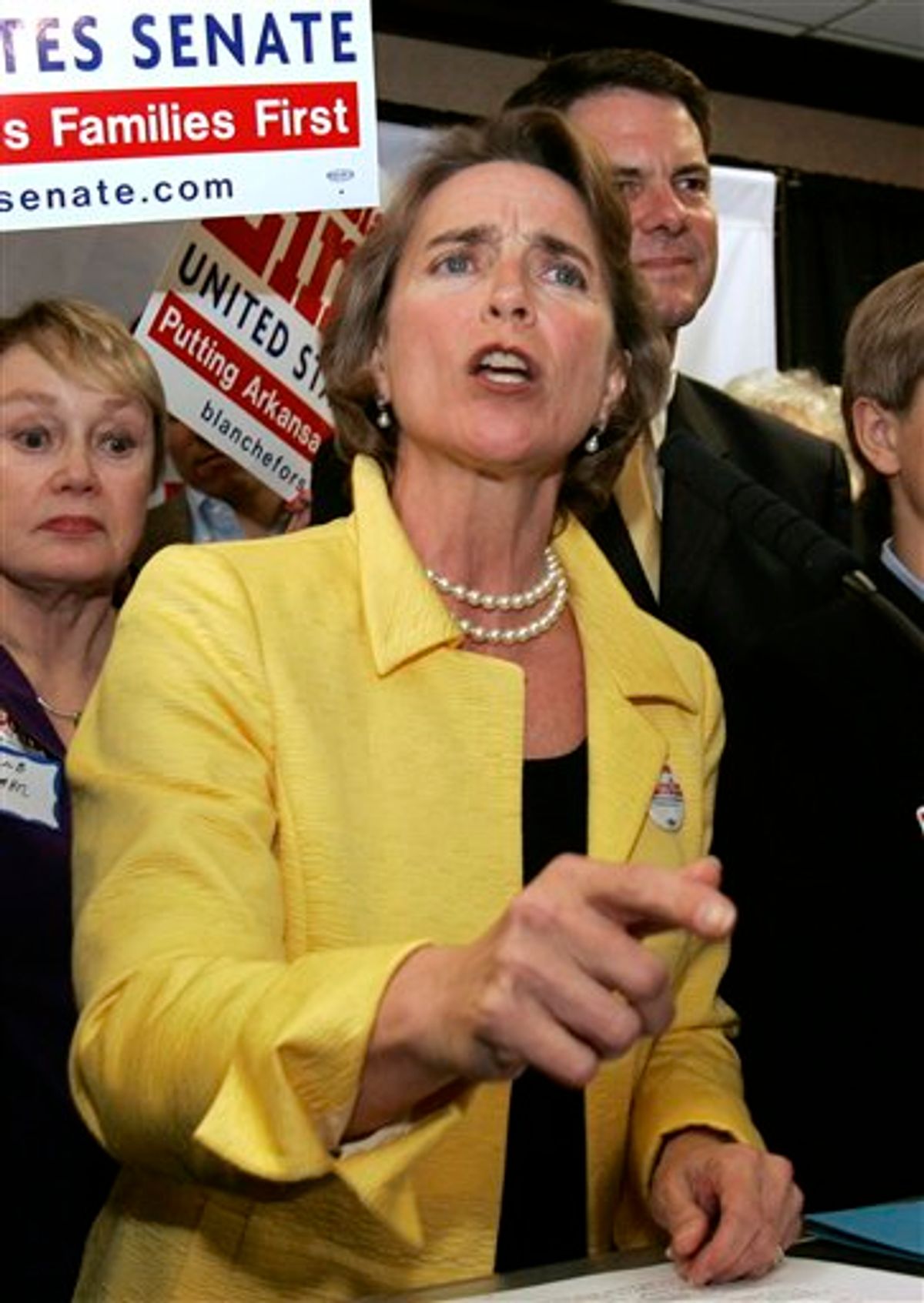 Sen. Blanche Lincoln, D-Ark., speaks to supporters at her election night party in Little Rock, Ark., Tuesday, May 18, 2010. (AP Photo/Danny Johnston) (AP)