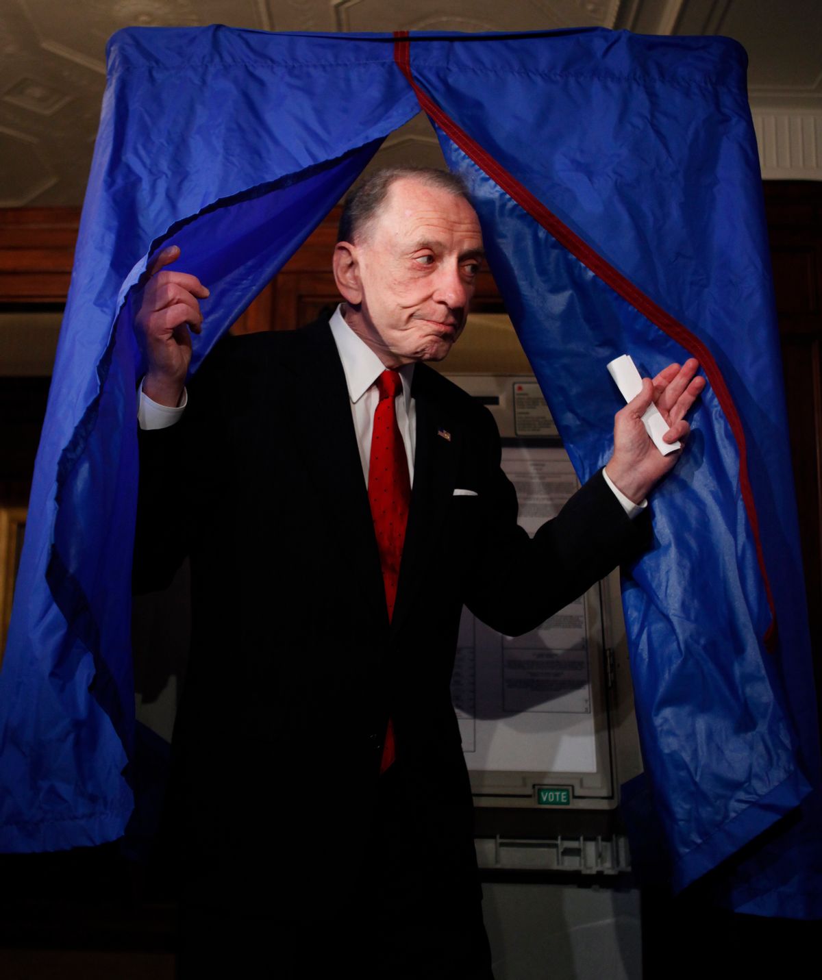 Sen. Arlen Specter, D-Pa. emerges from a voting booth after casting his vote, Tuesday, May 18, 2010, in Philadelphia. Specter is running for the Democratic nomination to run for re-election. (AP Photo/Carolyn Kaster) (Associated Press)