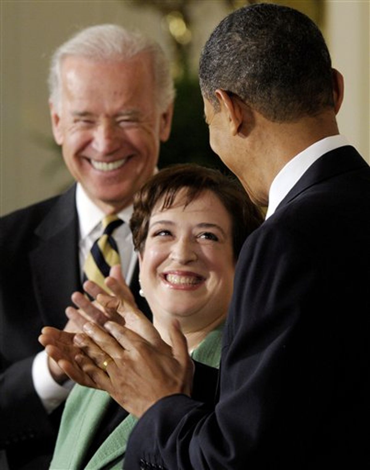 Solicitor General Elena Kagan is applauded by President Barack Obama and Vice President Joe Biden as she is introduced as Obama's nominee for the Supreme Court during an announcement in the East Room of the White House in Washington, Monday, May 10, 2010. (AP Photo/Susan Walsh)        (AP)