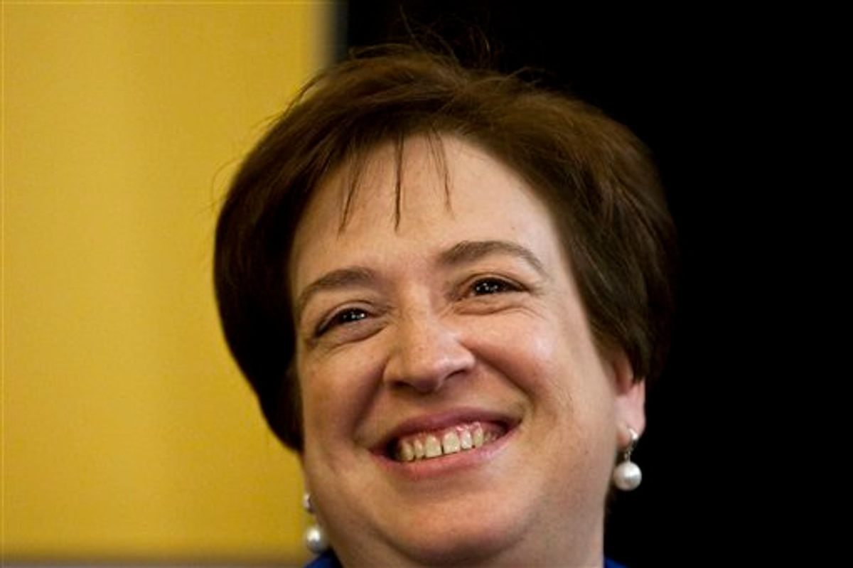 Supreme Court nominee Elena Kagan smiles on Capitol Hill in Washington, Wednesday, May 26, 2010, before her meeting with Jeff Merkley, D-Ore. (AP Photo/Drew Angerer) (AP)