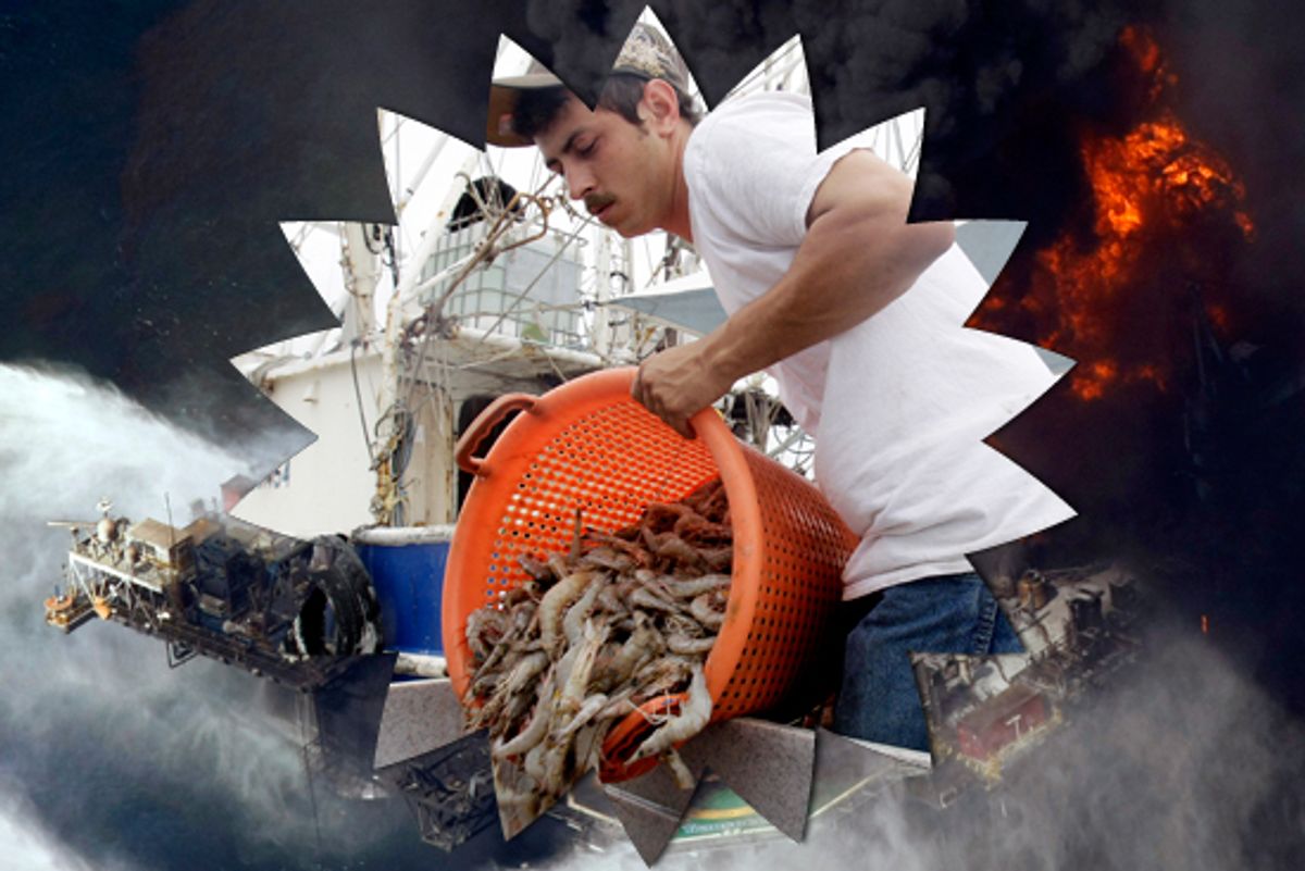 Background: The Deepwater Horizon oil rig is seen burning on April 21. Inset: Jacob Terrebone pours shrimp from the Bub-Poot-Nae's catch into a buyer's cooler, at the Venice Marina in Venice, La., on May 2. 