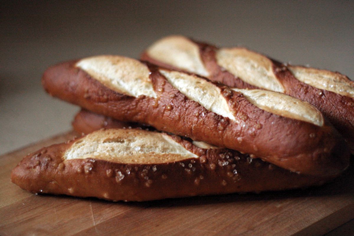 Loaves of pretzel bread.   