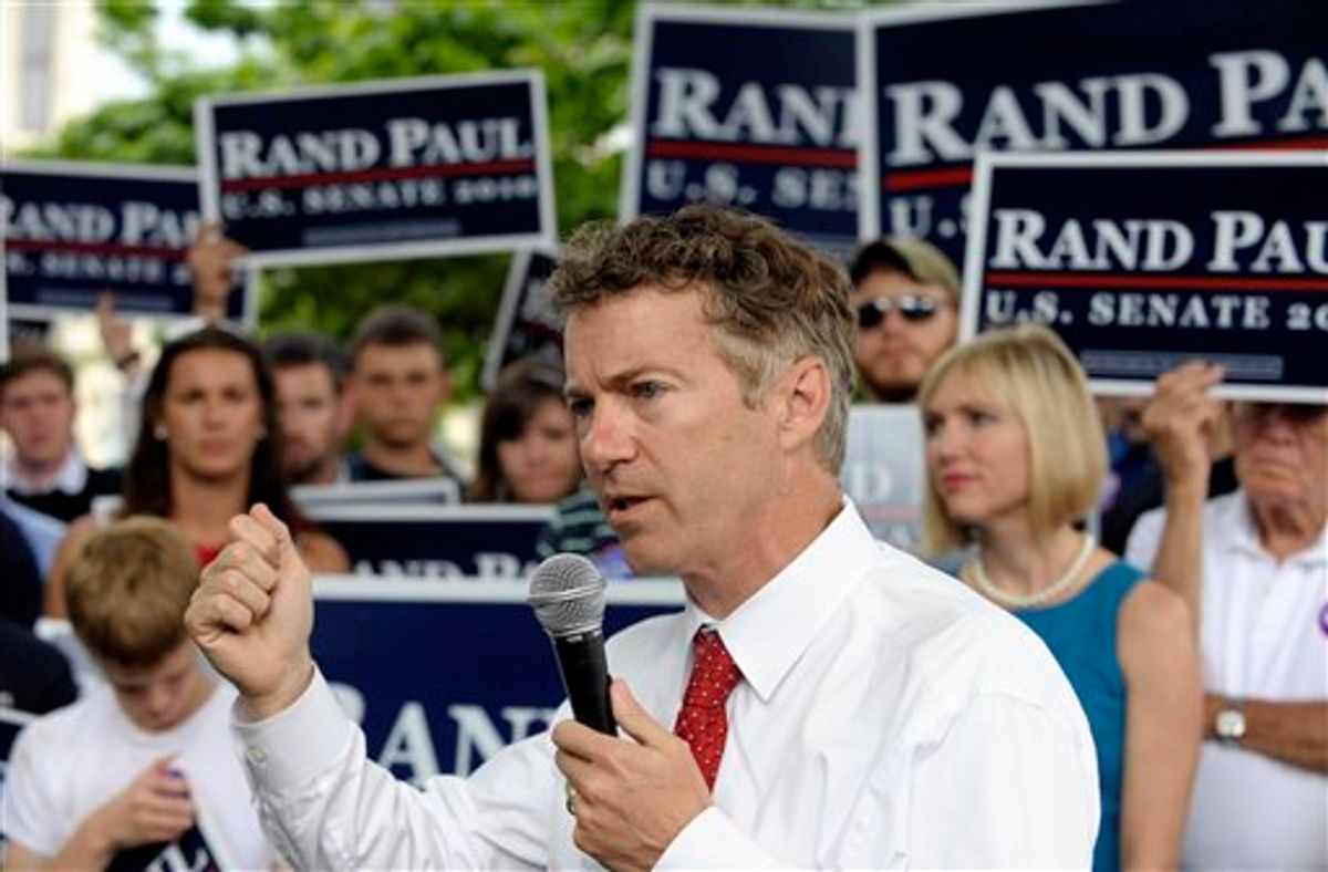 Republican U.S. Senate candidate Rand Paul talks to supporters in Bowling Green, Ky. Monday, May 17, 2010. Paul faces fellow Republican Trey Grayson in Tuesday's primary election.  (AP Photo/Bowling Green Daily News, Joe Imel) (AP)