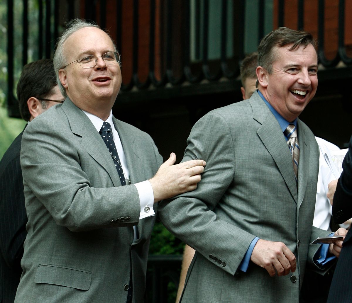U.S. President George W. Bush's political strategist Karl Rove (L) jokes around with White House staffer Ed Gillespie as they walk to a farewell party for former Director of the Office of Management and Budget, Rob Portman, across from the White House on Pennsylvania Avenue in Washington, August 1, 2007.     REUTERS/Jason Reed      (UNITED STATES)  (Reuters)