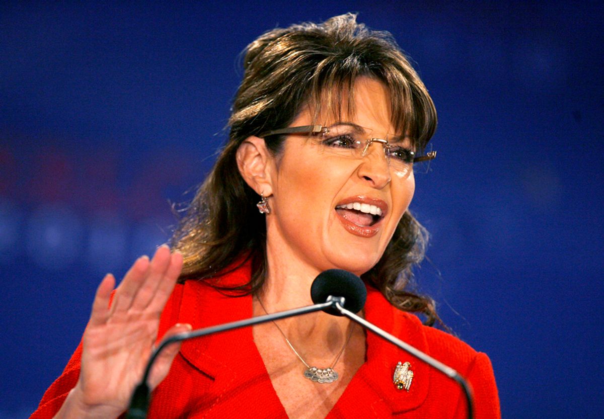 Former Alaska Governor and 2008 Republican Vice Presidential candidate Sarah Palin speaks at the 2010 Southern Republican Leadership Conference in New Orleans, Louisiana April 9, 2010. Republicans boldly predicted gains in November congressional elections on Thursday and rallied loyalists with sharp criticism of U.S. President Barack Obama over issues from healthcare to foreign policy. Palin is the Conference's headline speaker on Friday. REUTERS/Sean Gardner (UNITED STATES - Tags: POLITICS)  (Â© Sean Gardner / Reuters)
