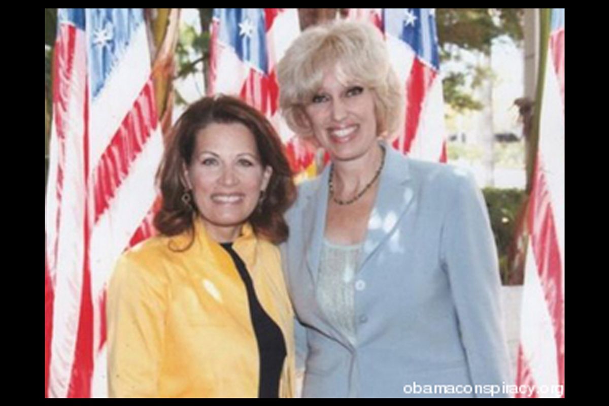 Representative Michele Bachmann (R-Minn.) poses with California Secretary of State candidate Orly Taitz at a Tea Party event on Friday, May 14  