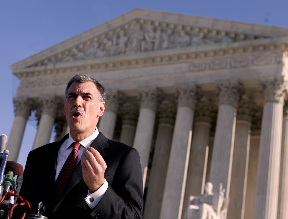 Attorney Donald Verrilli, who argued against the use of a three drug cocktail used to execute inmates, gestures as he talks to media outside the Supreme Court in Washington, Monday, Jan. 7, 2008, after arguments about the lethal injection death penalty.  (AP Photo/Evan Vucci) (Associated Press)